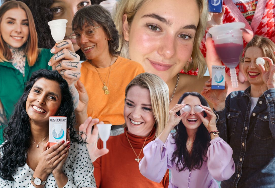 Collage of multiple women who are holding their Mooncup menstrual cup.