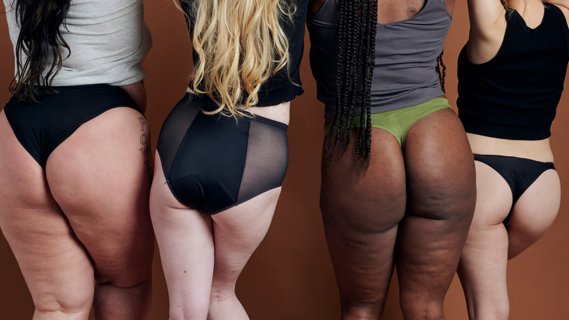 Four women of different body shapes and sizes wearing period pants — showcasing inclusive, sustainable menstrual care and the comfort, confidence, and leak protection period underwear provides