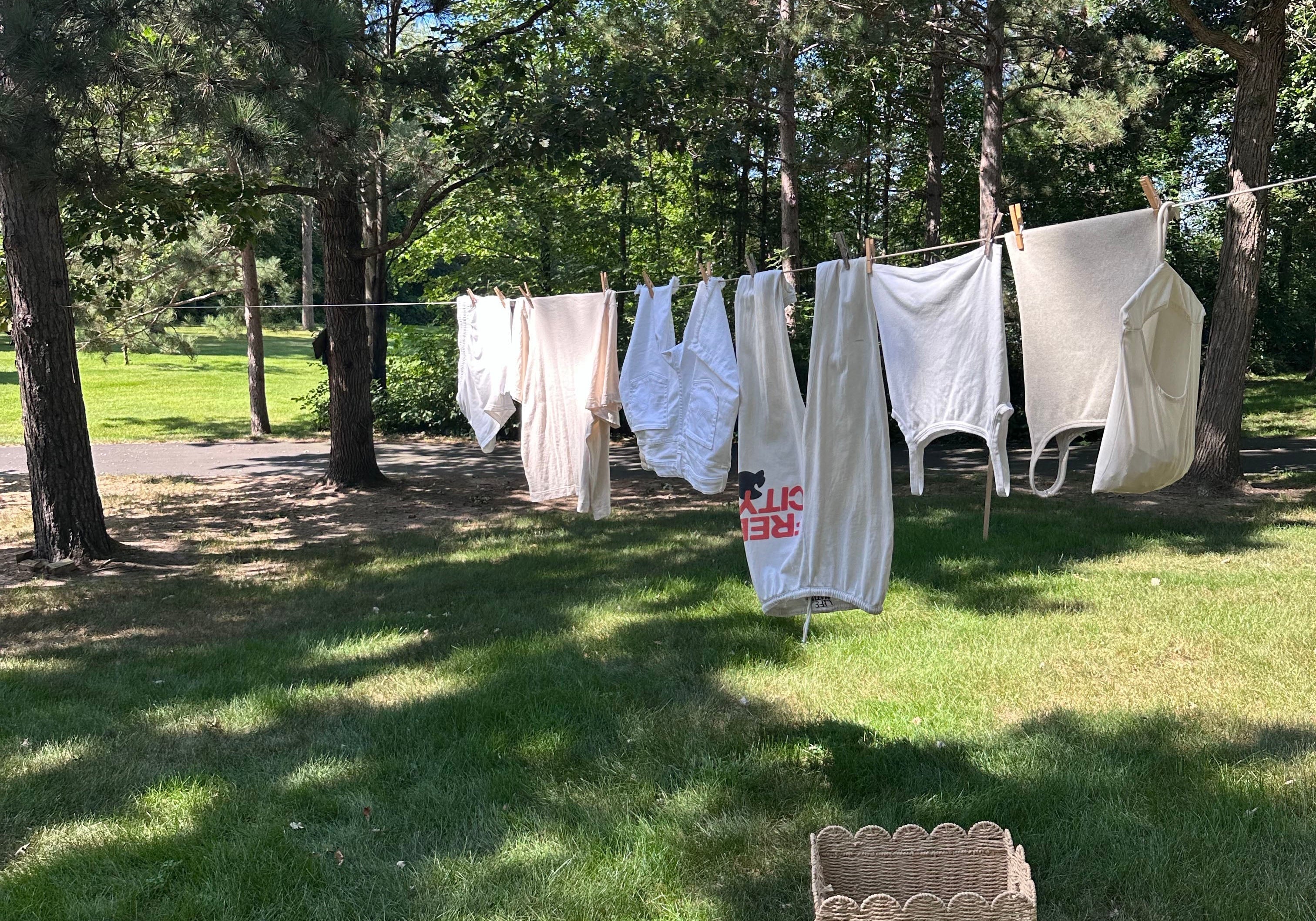 white clothes hanging on laundry line in garden