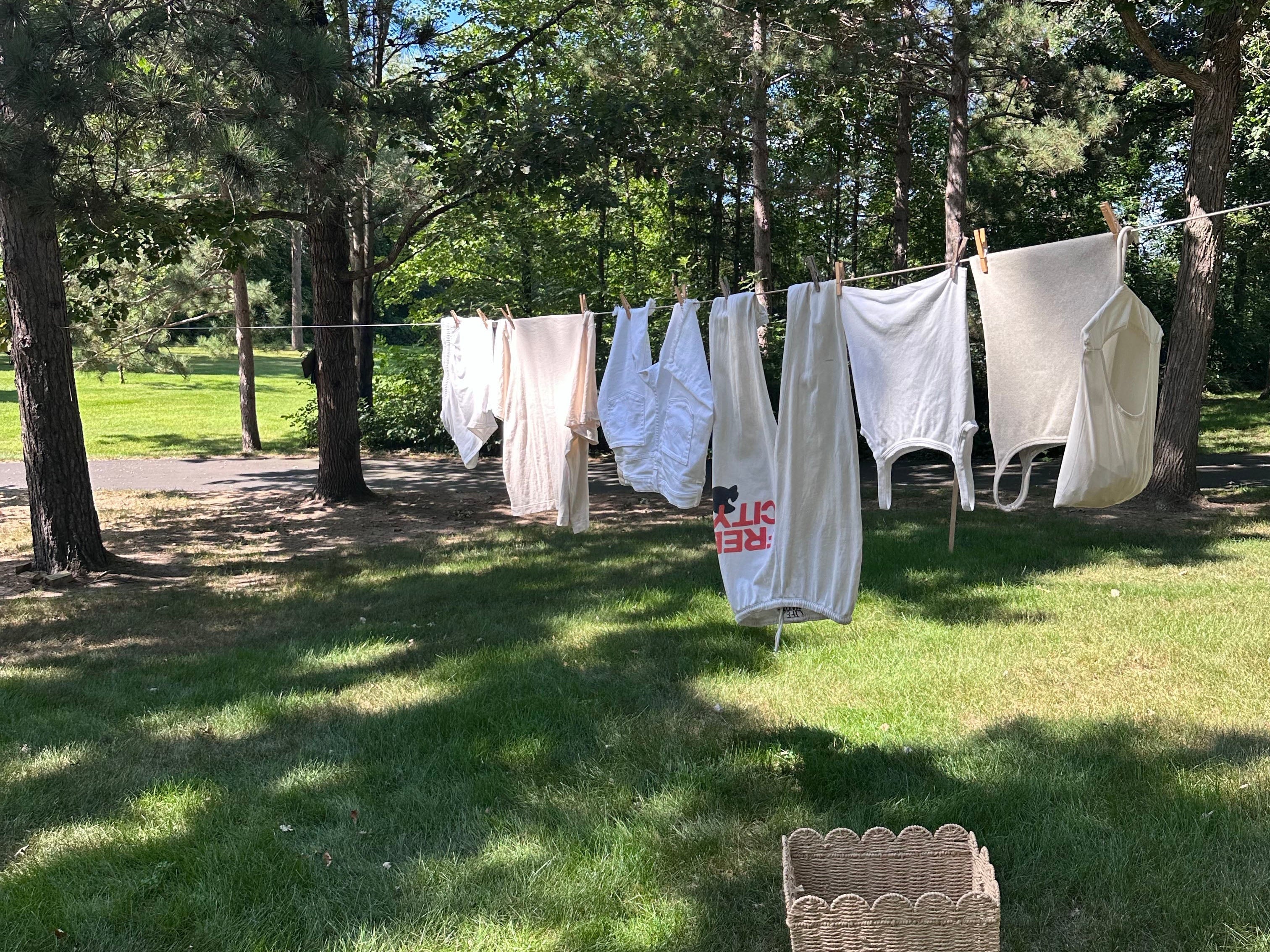 white clothes hanging on laundry line in garden